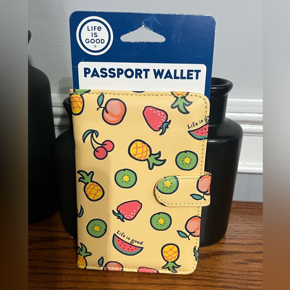 Life is Good Yellow Fruit Print Passport Wallet, NWT
